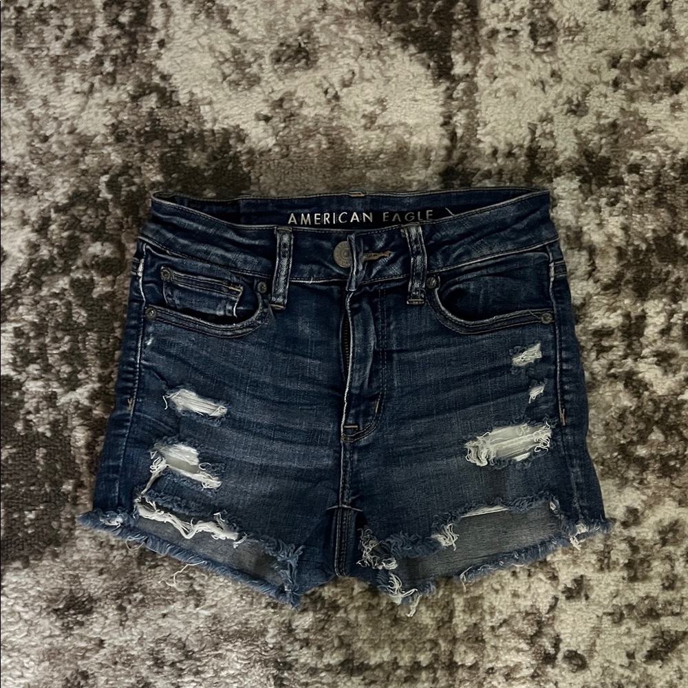 American Eagle Outfitters Women's Dark Blue Distressed Jean Shorts